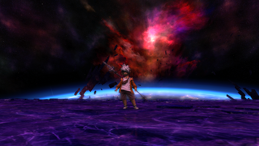 Image of FFXI character in front of Endwalker Sky